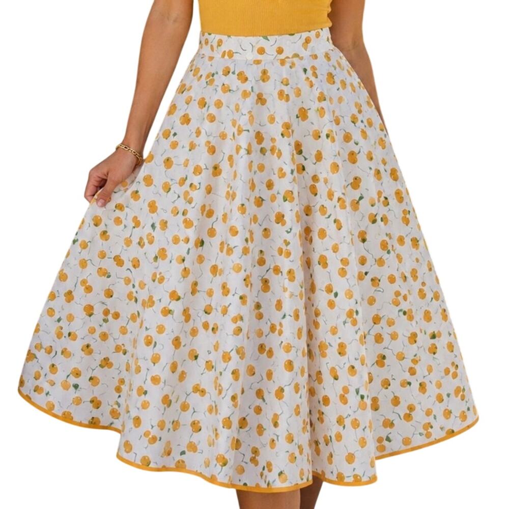 Tulip B Unique Vintage White Yellow Cherry A-Line Swing Skirt S NWT